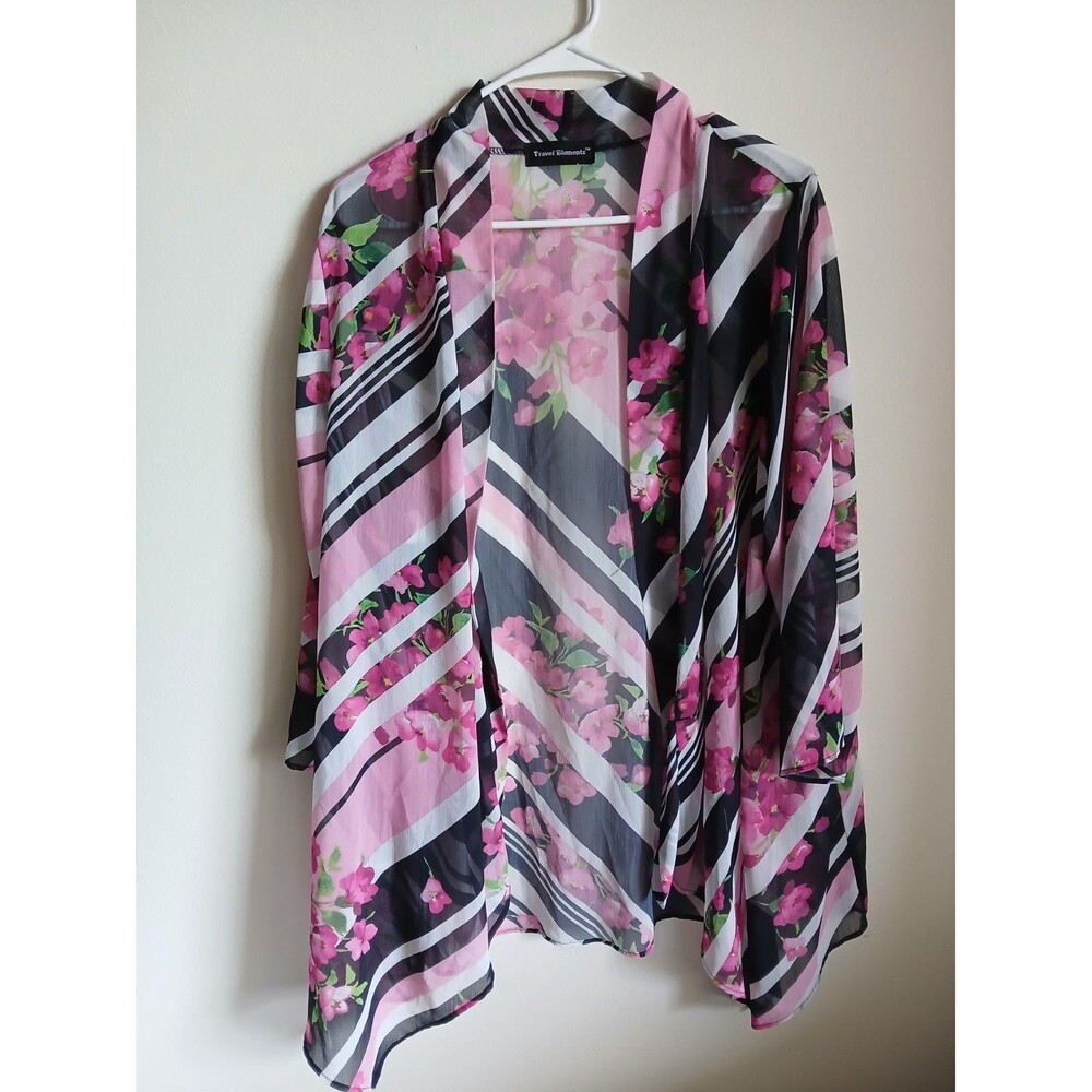 Travel Elements Size 1X Floral Sheer Open Front Cardigan Top Kimono Cover FLAW..